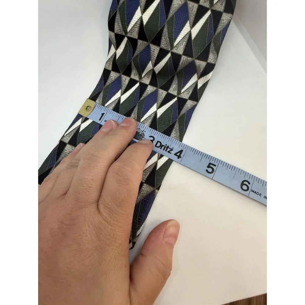Bachrach Mens Silk Tie Handmade Italy Geometric Diamond Green Blue Grey Wide 4in